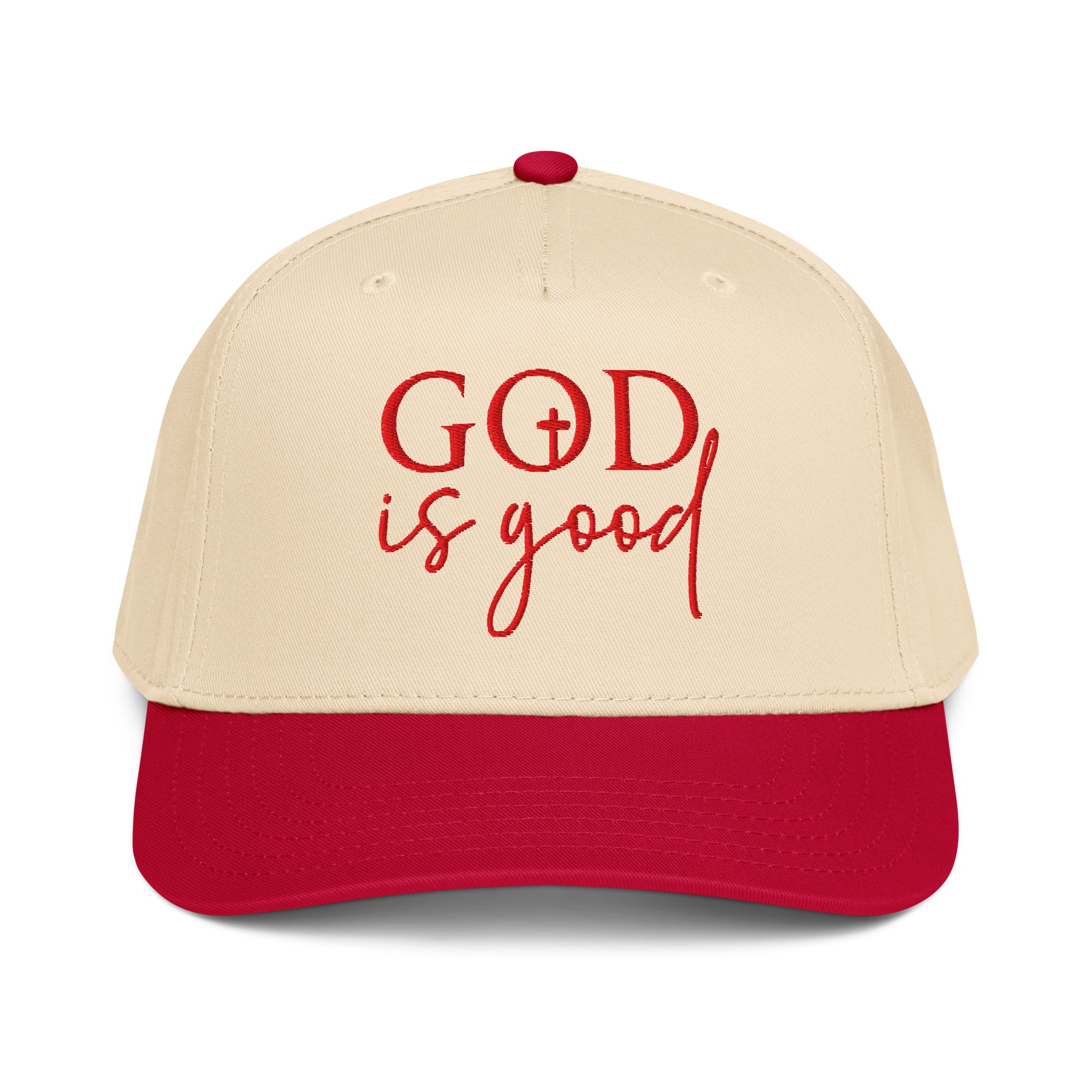 red and apricot God is good hat, cap