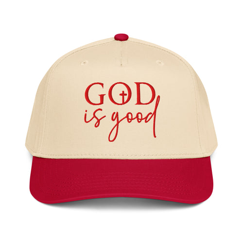 red and apricot God is good hat, cap