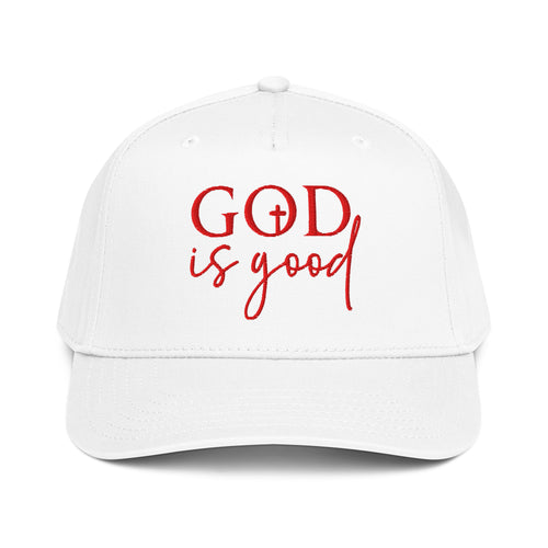 red and white God is good hat, cap