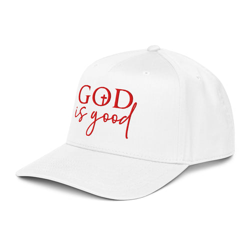 red and white God is good hat, cap