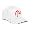 red and white God is good hat, cap