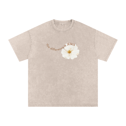 Beige t-shirt, white flower, the difference is jesus