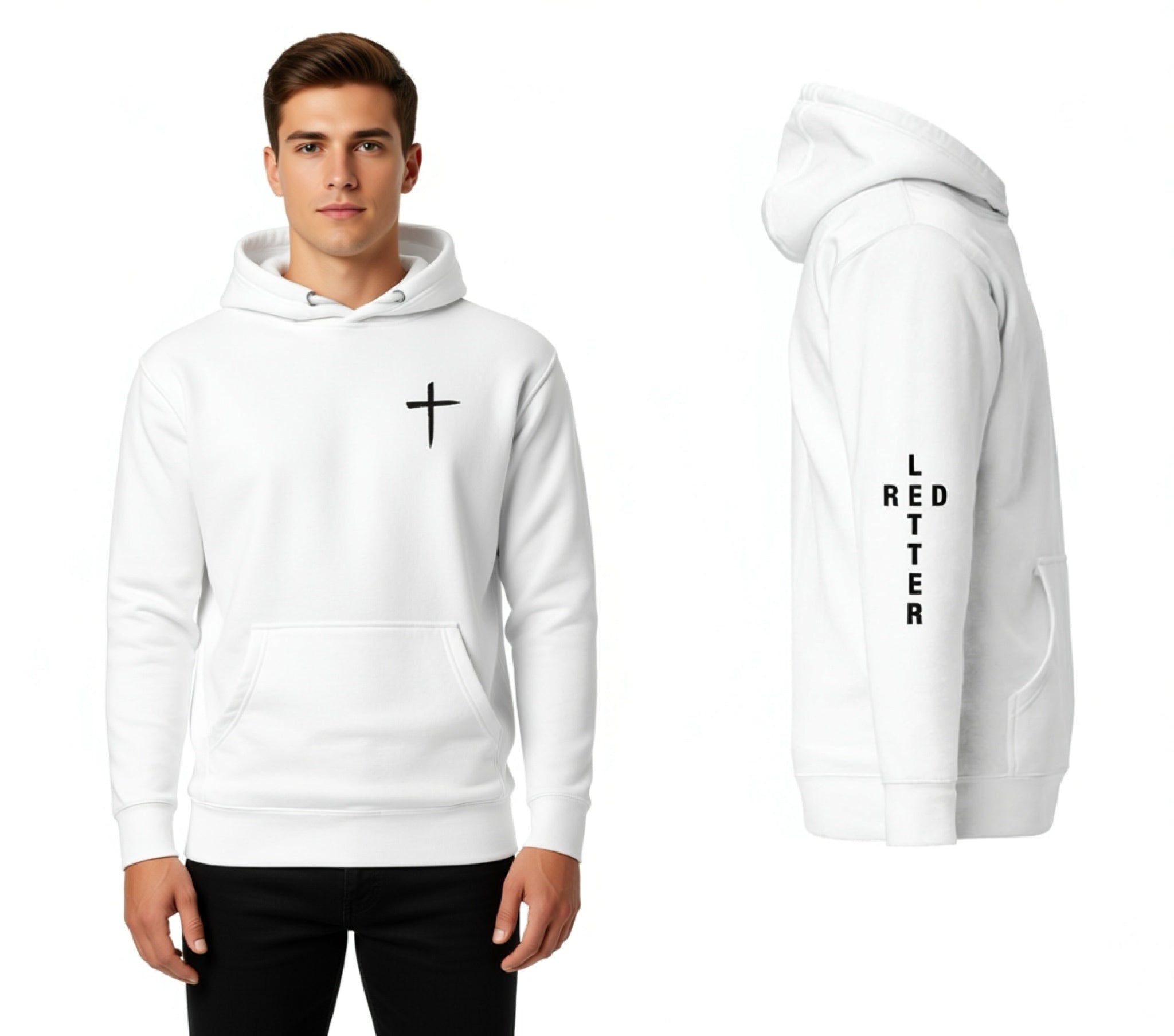 red letter hoodie, cross, white