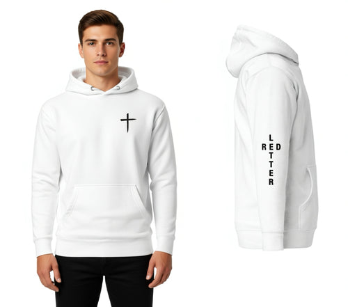 red letter hoodie, cross, white
