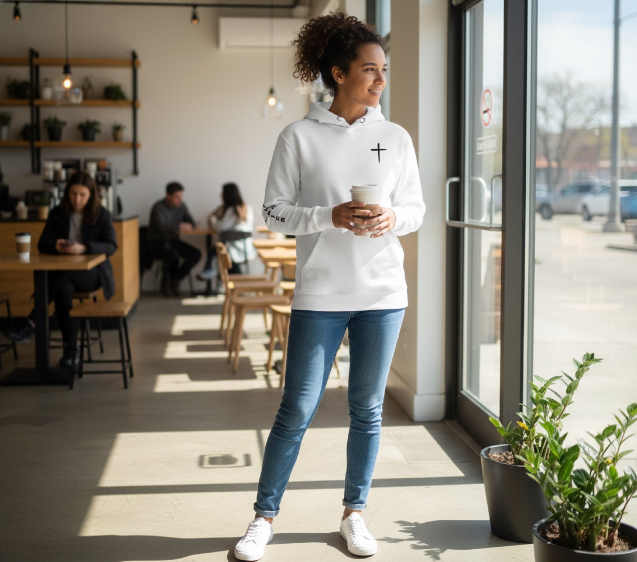 red letter hoodie, cross, white
