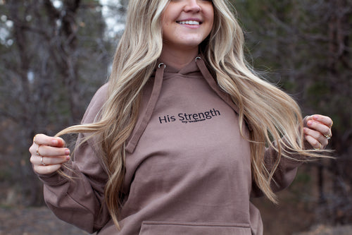 his strength over my weakness, hoodie, brown