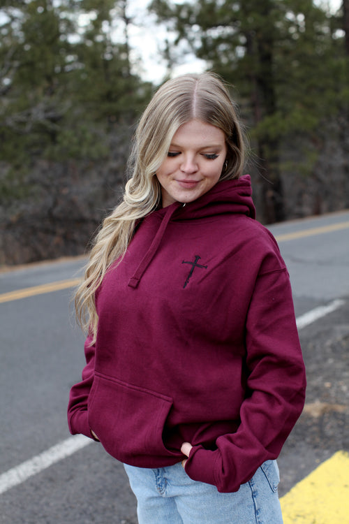 red letter hoodie, nail cross, maroon