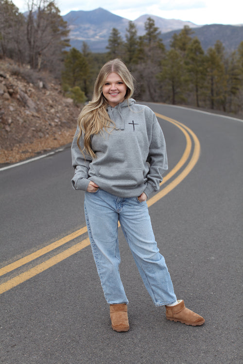 red letter hoodie, cross, gray