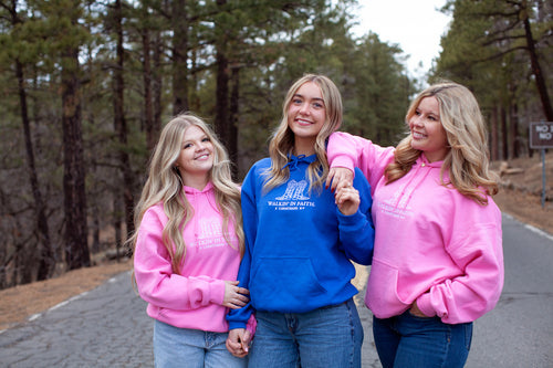walkin in faith, walking in faith, 2 Corinthians 5:7, hoodie, blue and pink