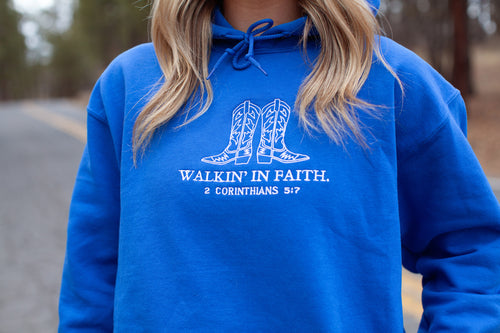 walkin in faith, walking in faith, 2 Corinthians 5:7, hoodie, blue
