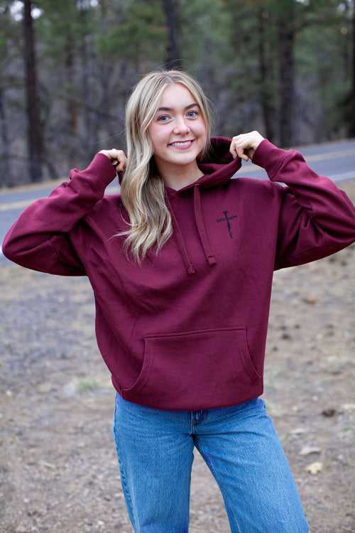 red letter hoodie, nail cross, maroon