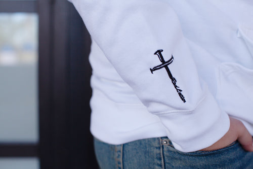 iron sharpens iron, red letter, cross, hoodie, white