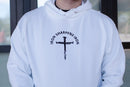 iron sharpens iron, red letter, cross, hoodie, white