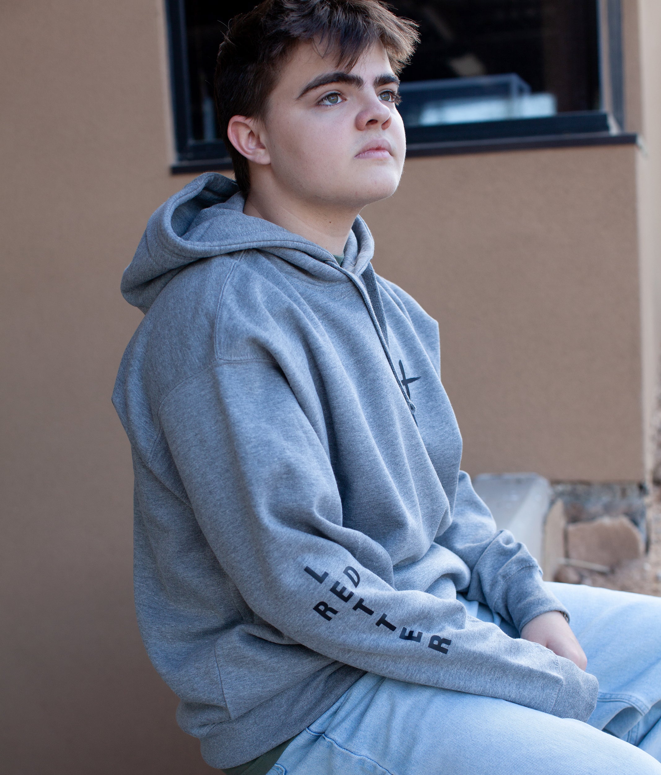 red letter hoodie, cross, gray