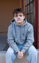 red letter hoodie, cross, gray