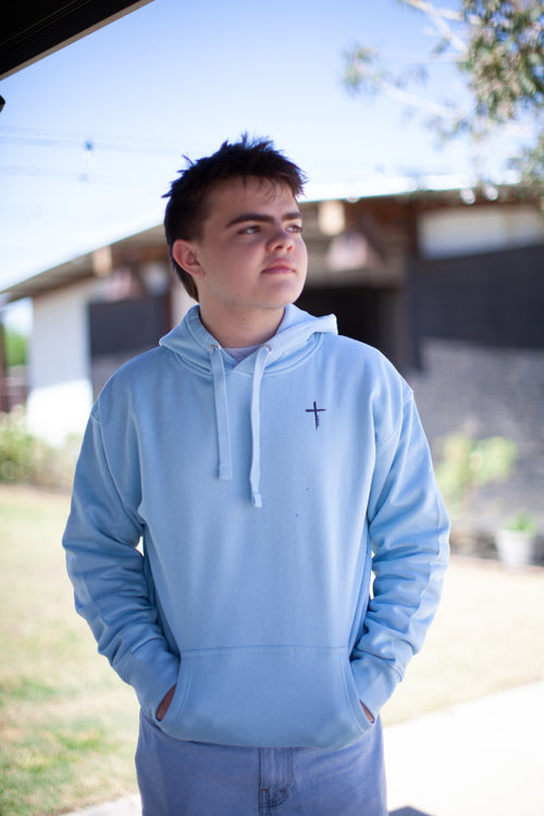 blue hoodie, faith moves mountains