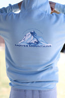blue hoodie, faith moves mountains