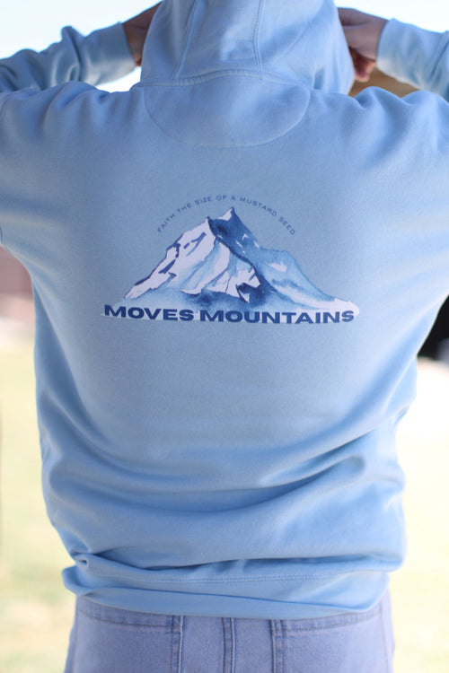 blue hoodie, faith moves mountains