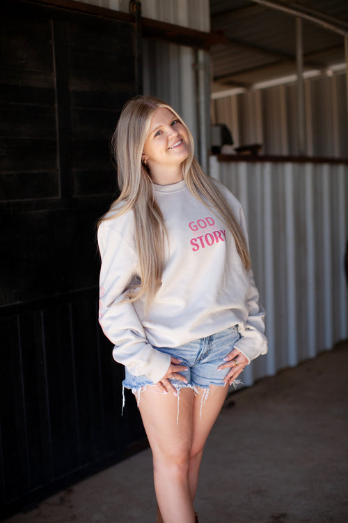 God rewrote my story sweatshirt, white