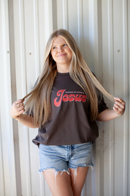 running on coffee and Jesus, t-shirt, brown