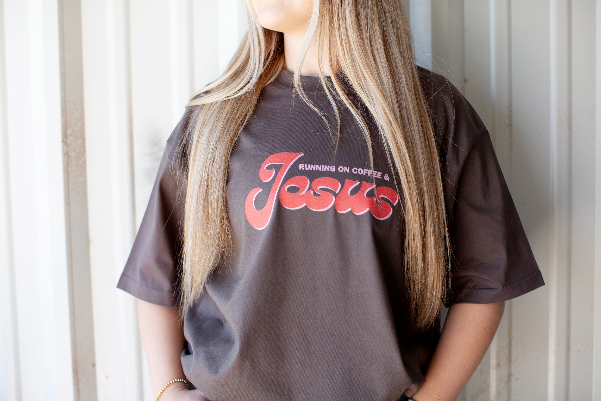 running on coffee and Jesus, t-shirt, brown