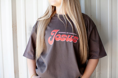 running on coffee and Jesus, t-shirt, brown