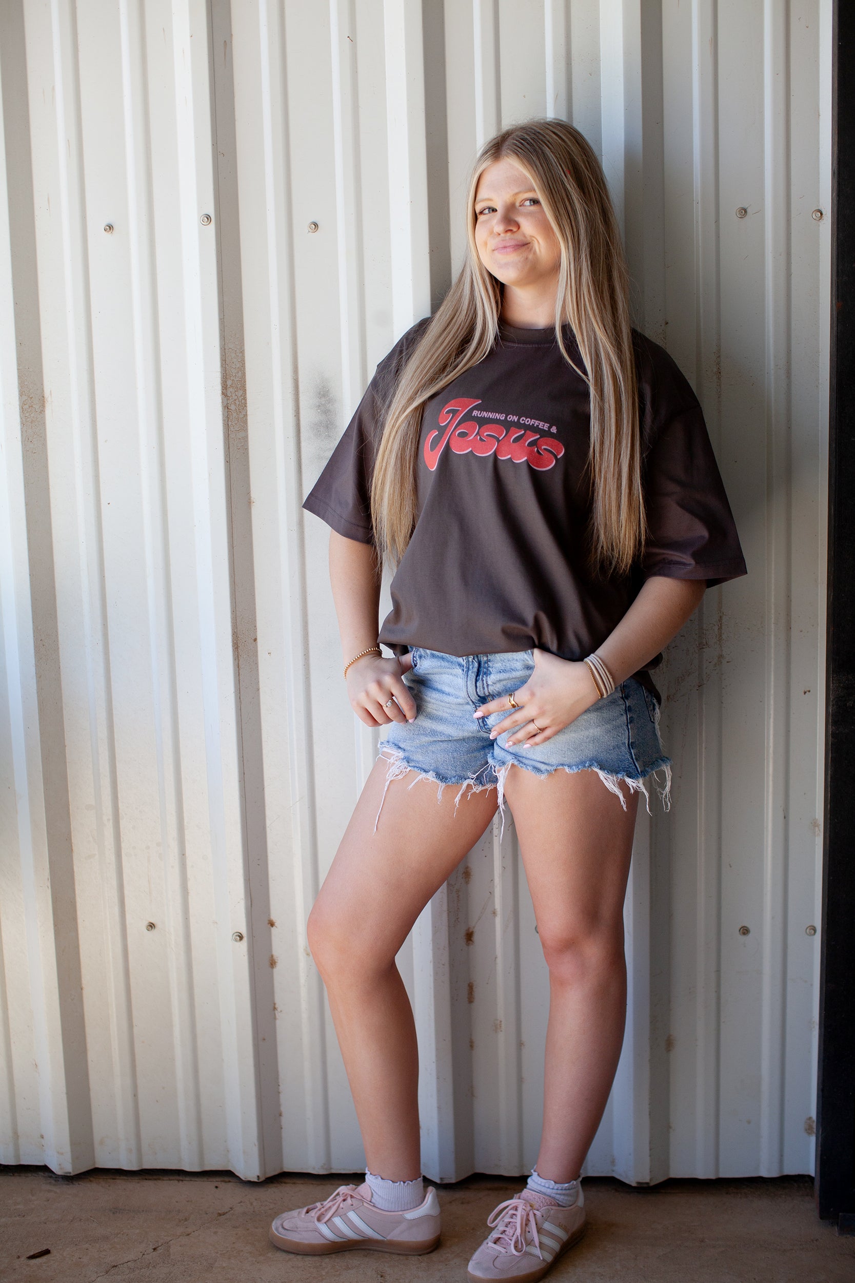 running on coffee and Jesus, t-shirt, brown
