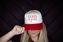 red and white God is good hat, cap