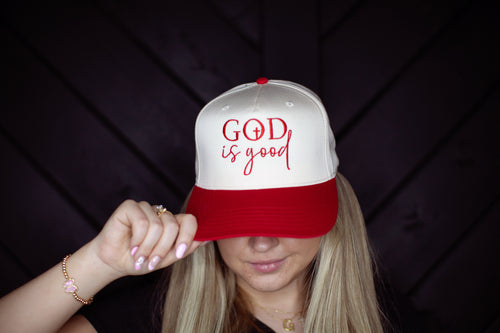 red and white God is good hat, cap