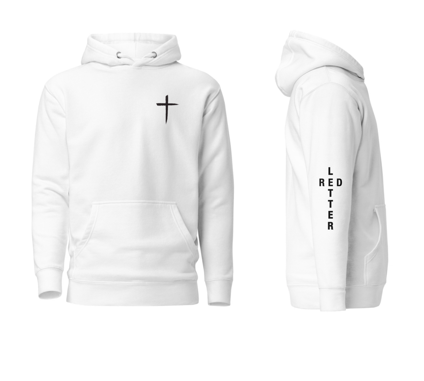 red letter hoodie, cross, white