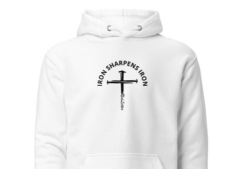 iron sharpens iron, red letter, cross, hoodie, white