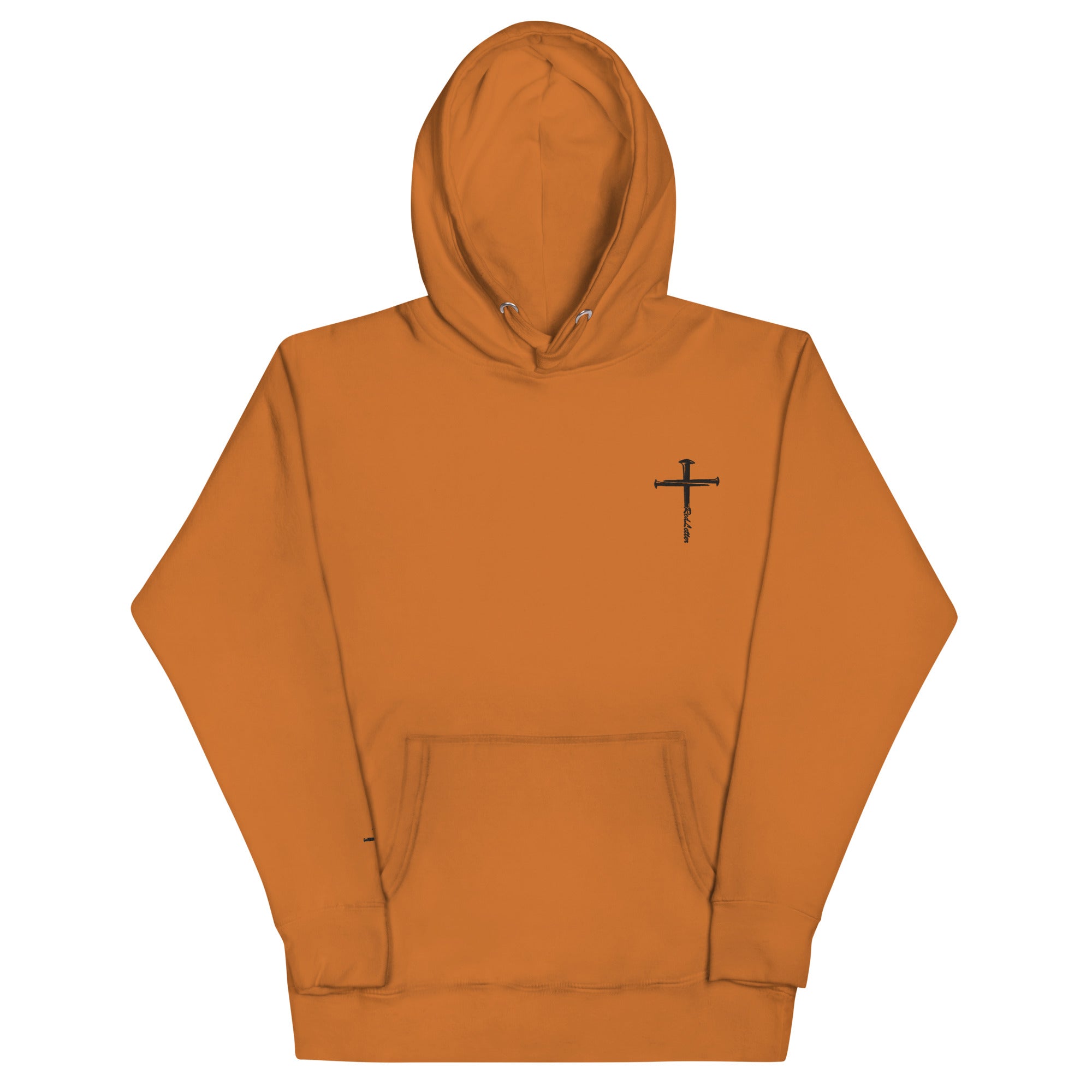 red letter hoodie, nail cross, brown