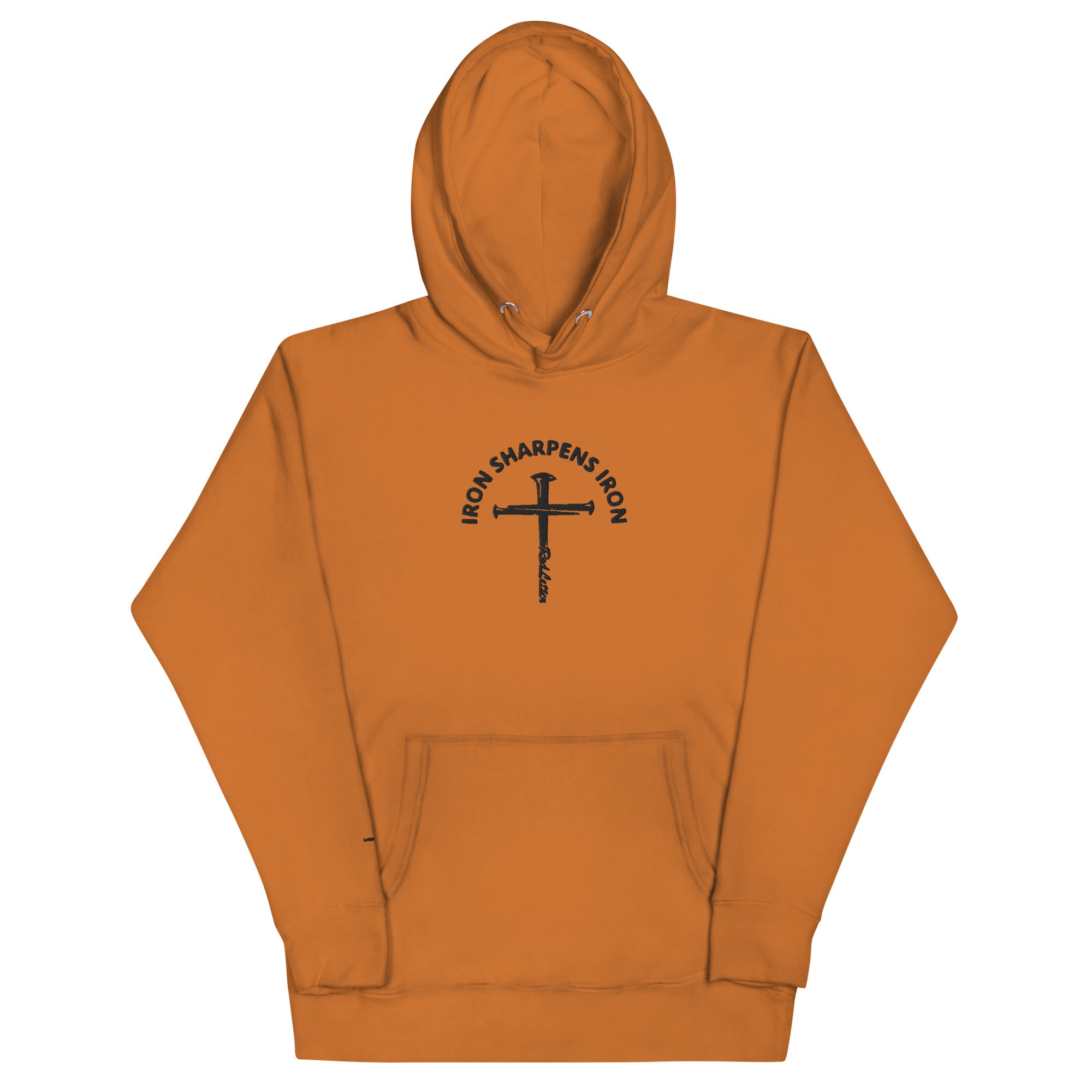 iron sharpens iron, red letter, cross, hoodie, orange