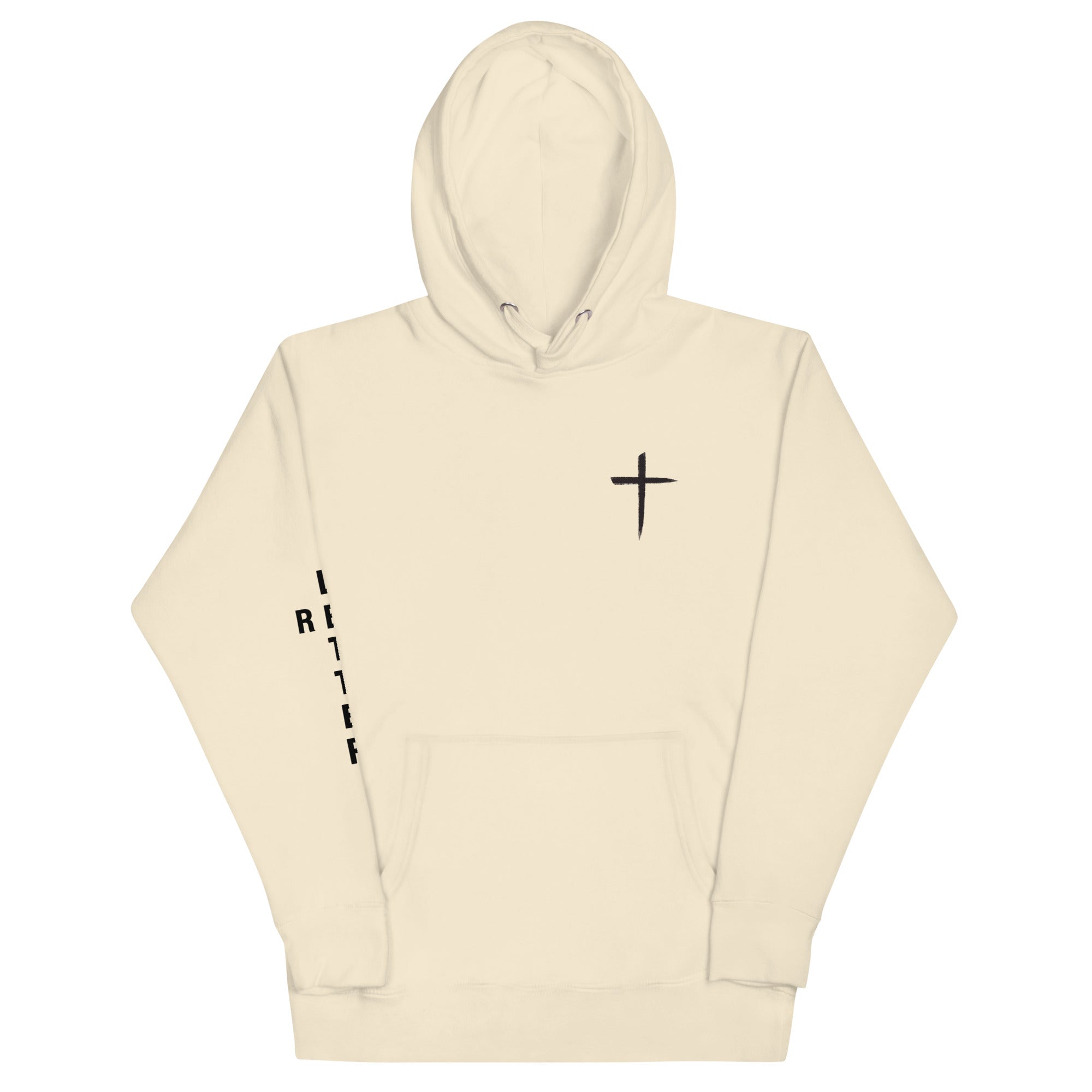 red letter hoodie, cross, cream