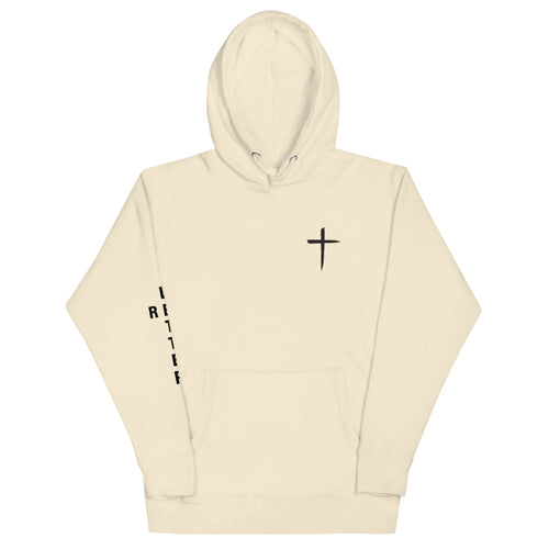 red letter hoodie, cross, cream