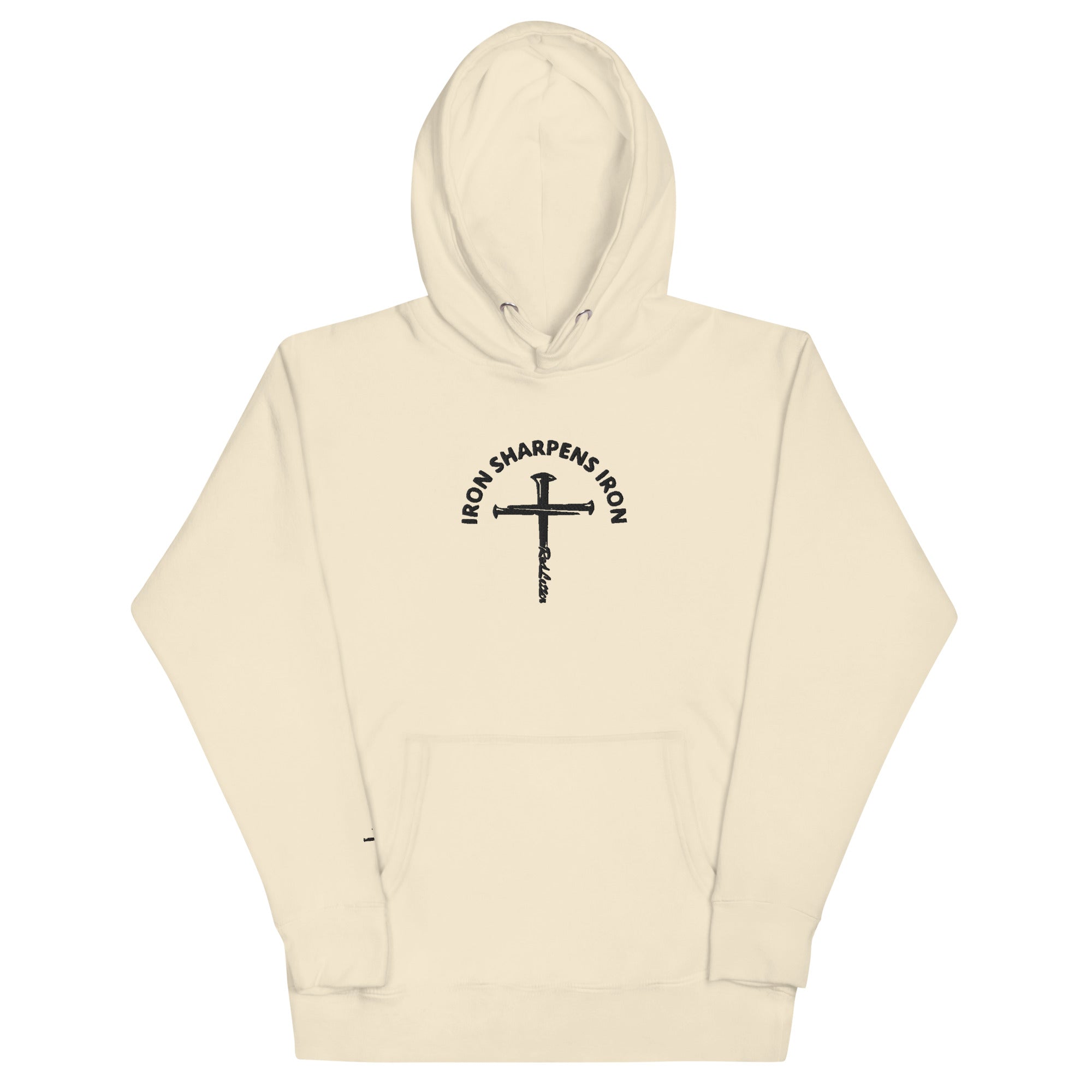 iron sharpens iron, red letter, cross, hoodie, cream