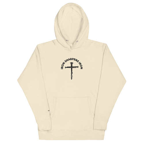 iron sharpens iron, red letter, cross, hoodie, cream