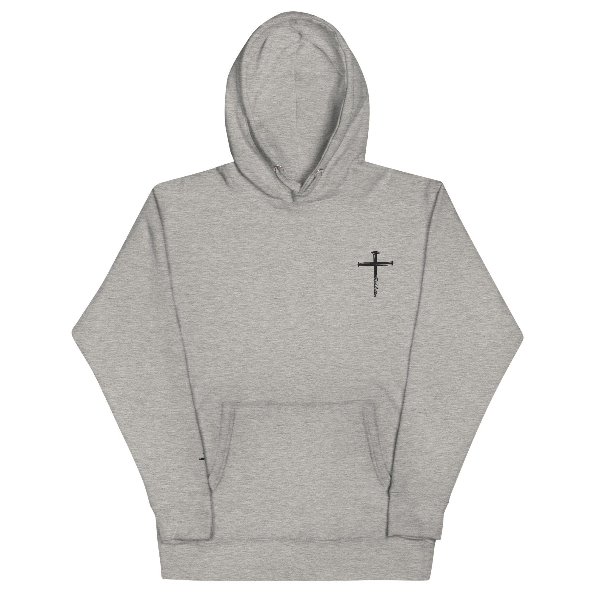 red letter hoodie, nail cross, heathered gray
