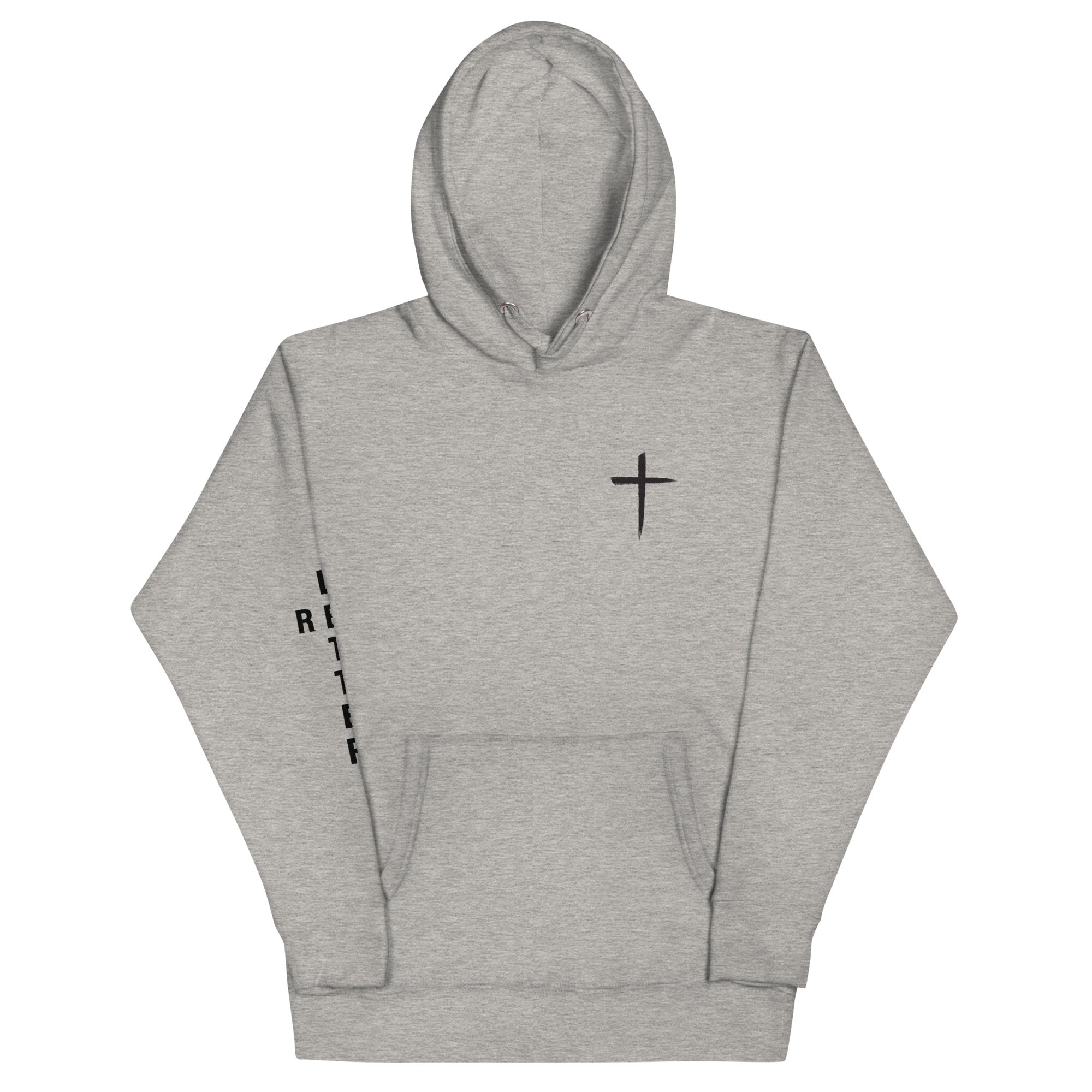 red letter hoodie, cross, heathered gray