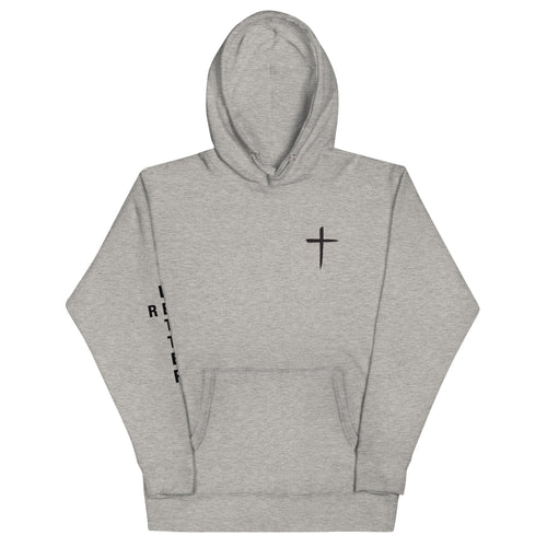 red letter hoodie, cross, heathered gray