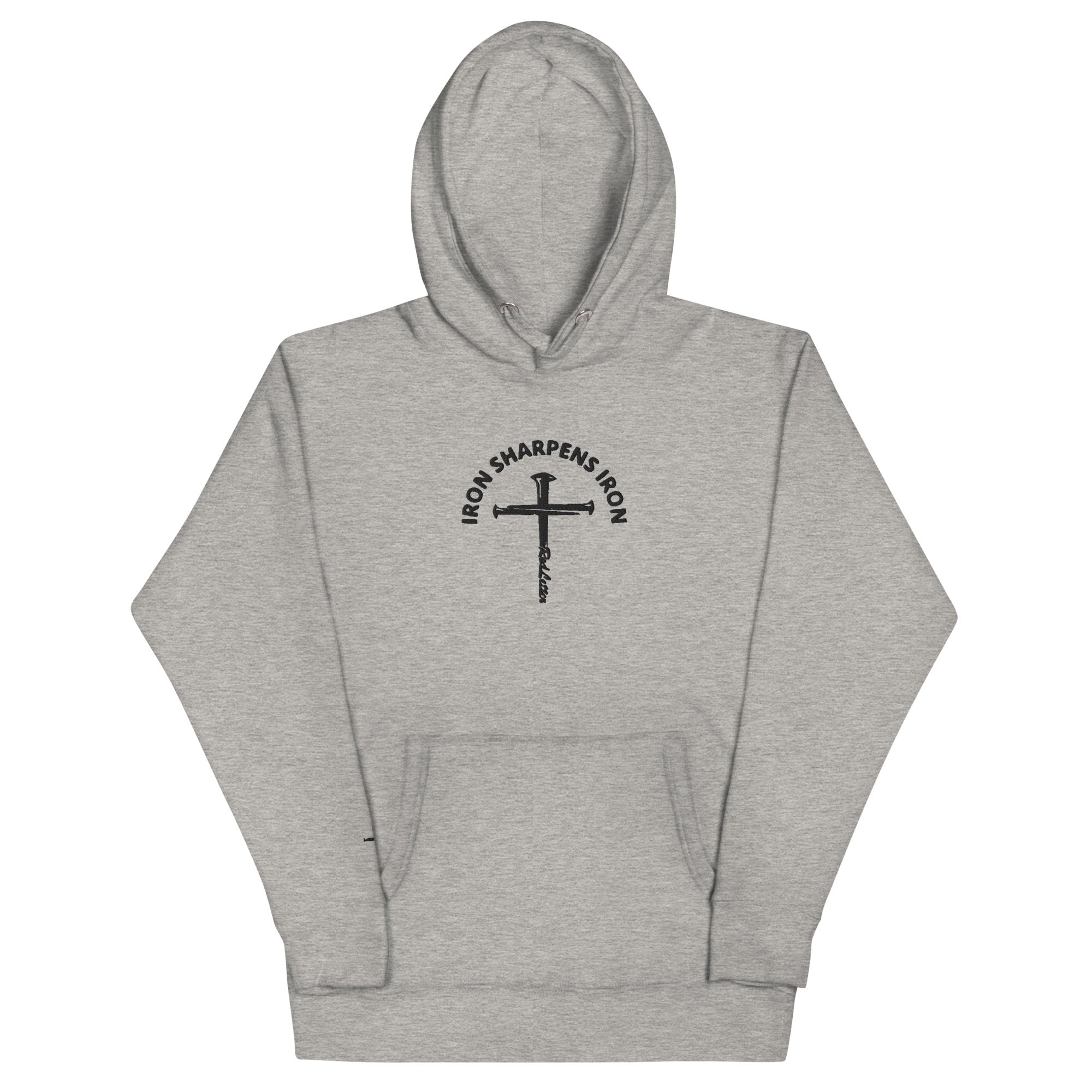 iron sharpens iron, red letter, cross, hoodie, heathered gray
