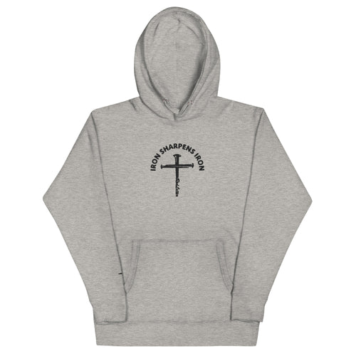 iron sharpens iron, red letter, cross, hoodie, heathered gray