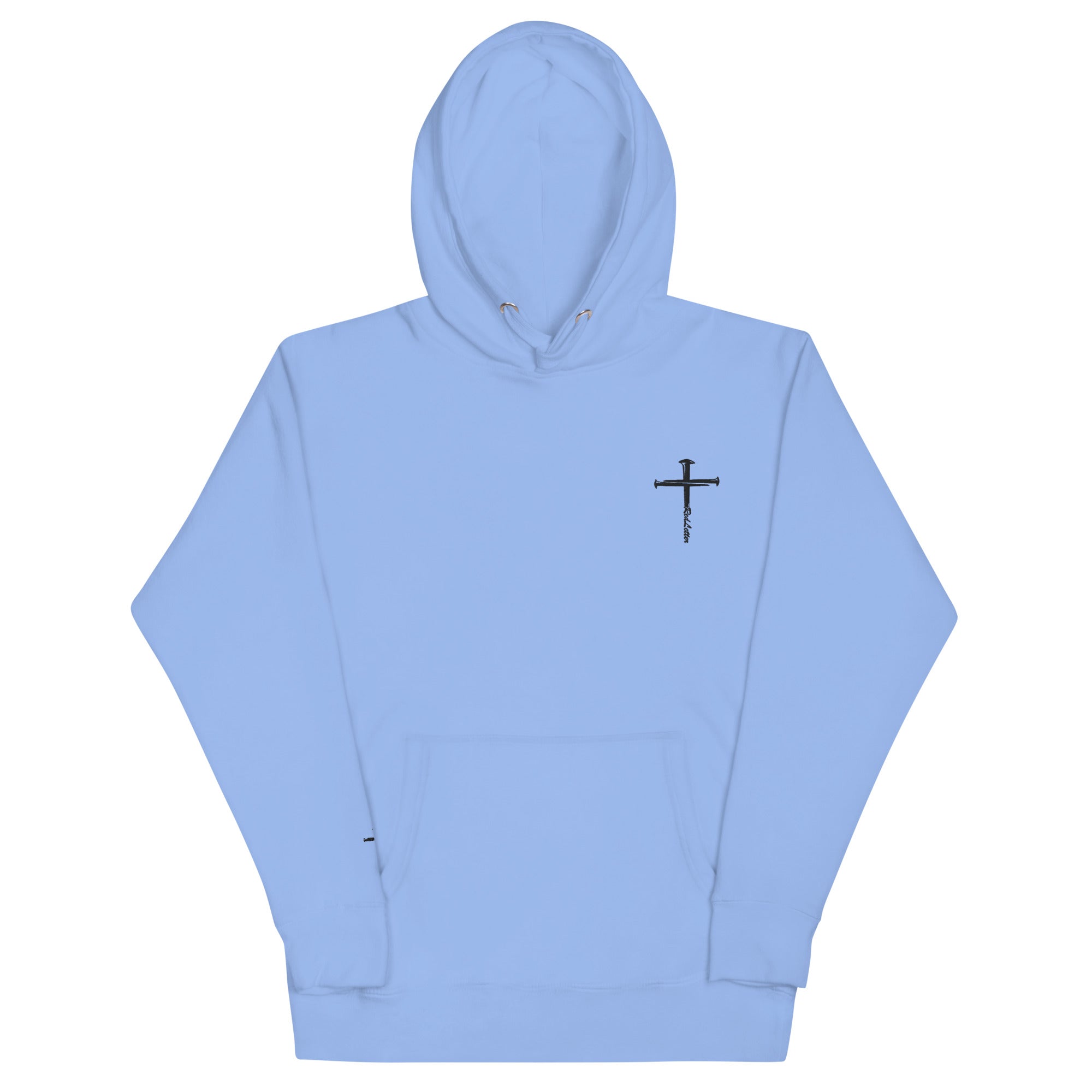 red letter hoodie, nail cross, light blue
