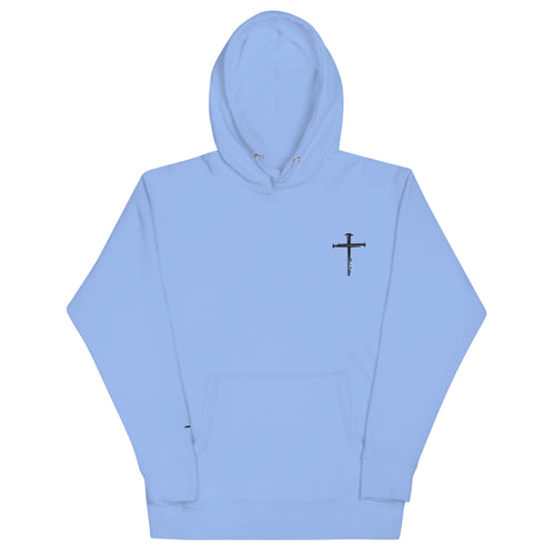 red letter hoodie, nail cross, light blue