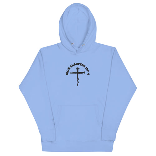 iron sharpens iron, red letter, cross, hoodie, light blue