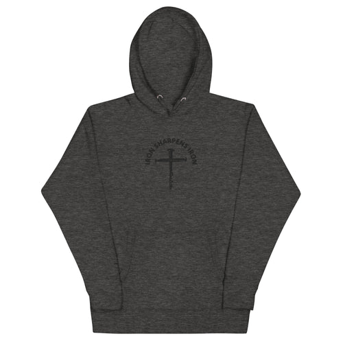 iron sharpens iron, red letter, cross, hoodie, charcoal gray