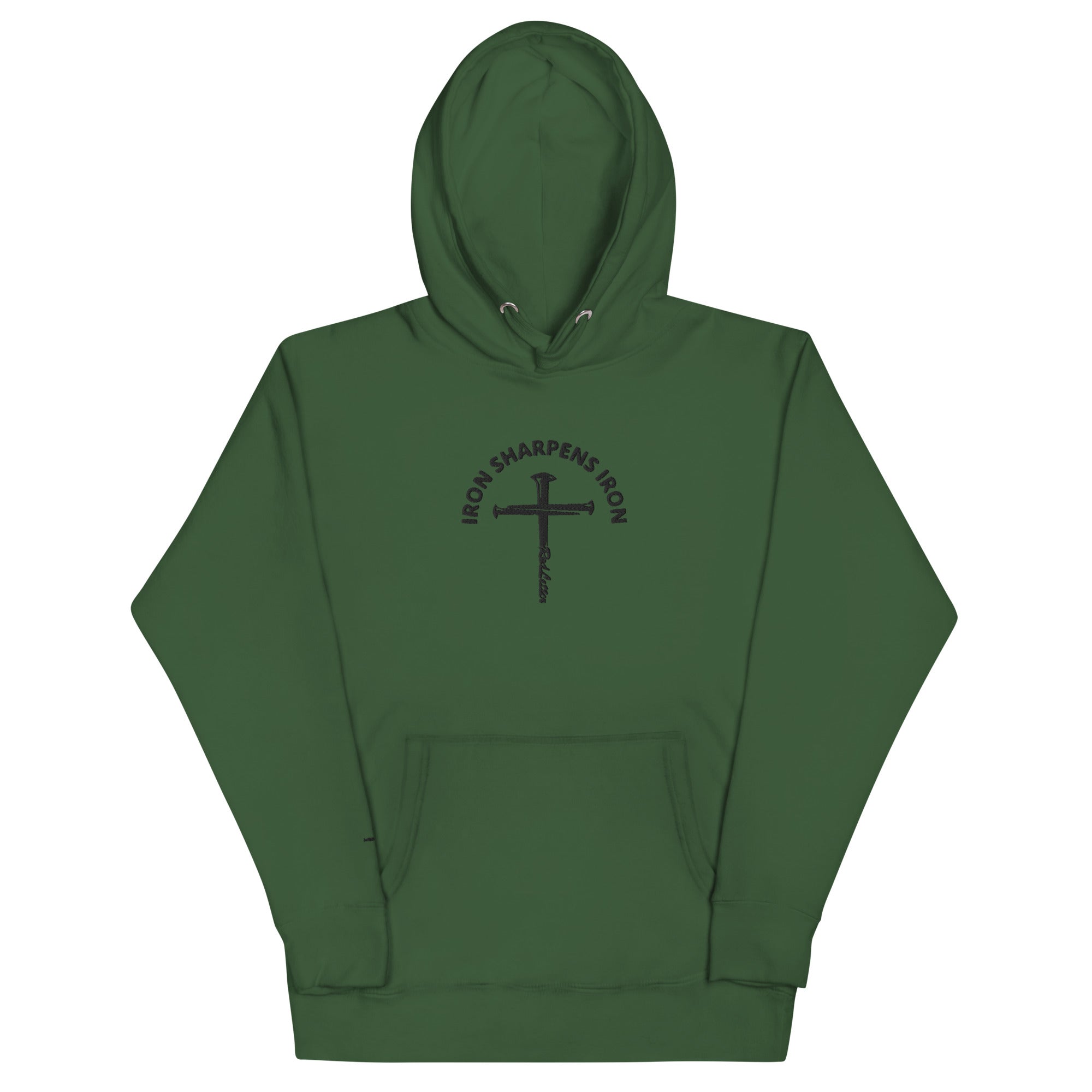 iron sharpens iron, red letter, cross, hoodie, green