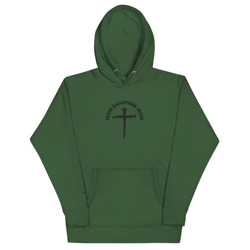 iron sharpens iron, red letter, cross, hoodie, green