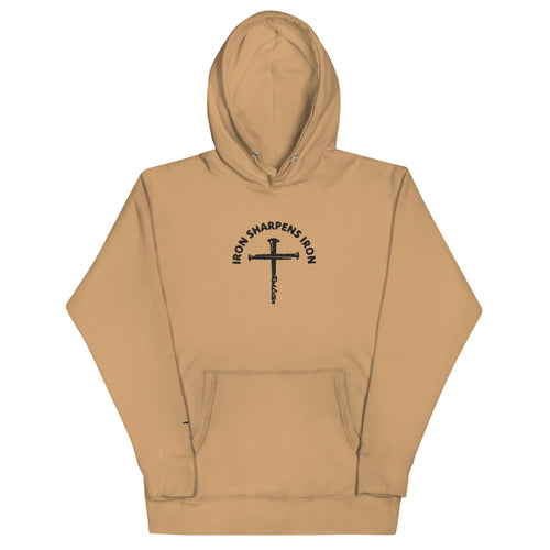 iron sharpens iron, red letter, cross, hoodie, khaki