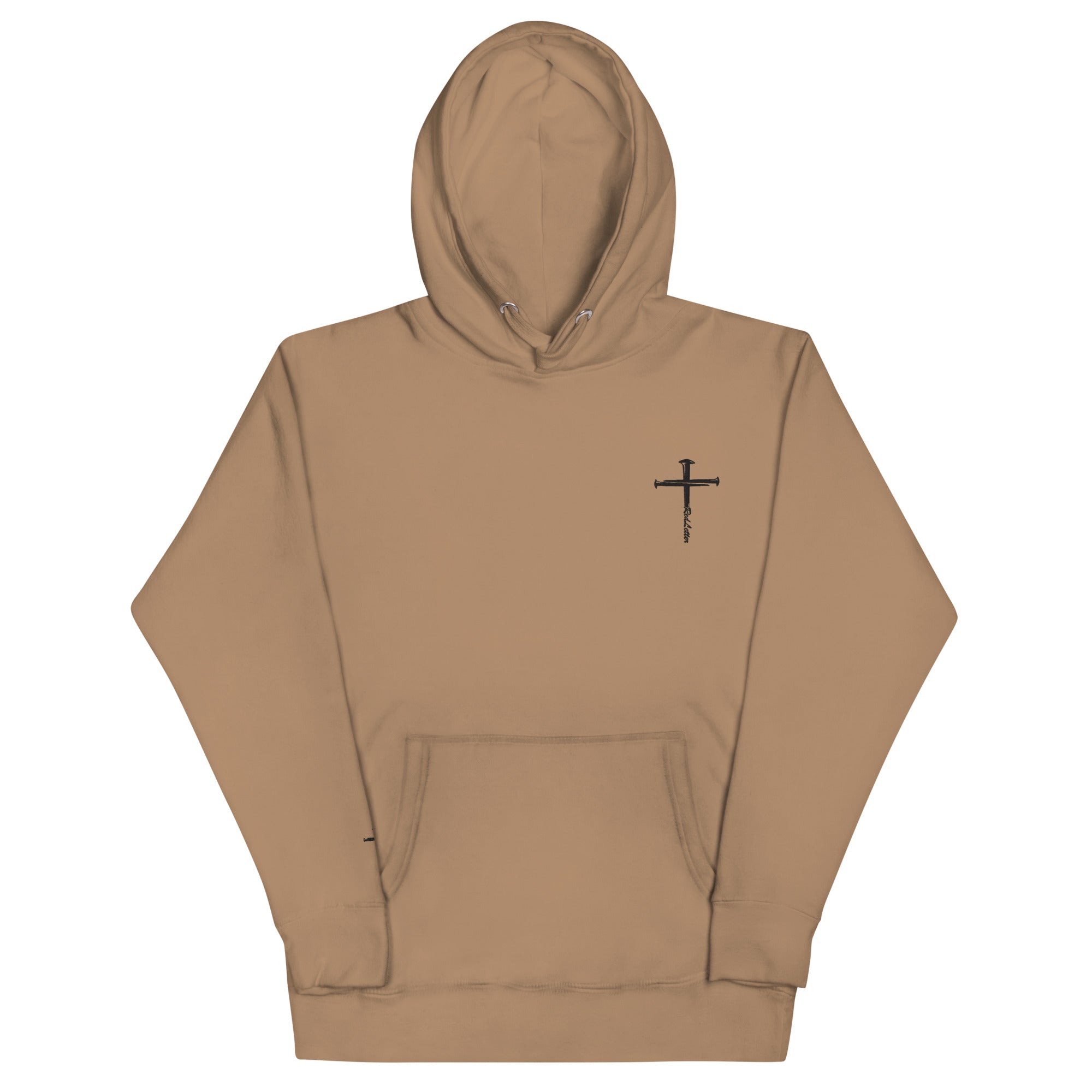 red letter hoodie, nail cross, brown